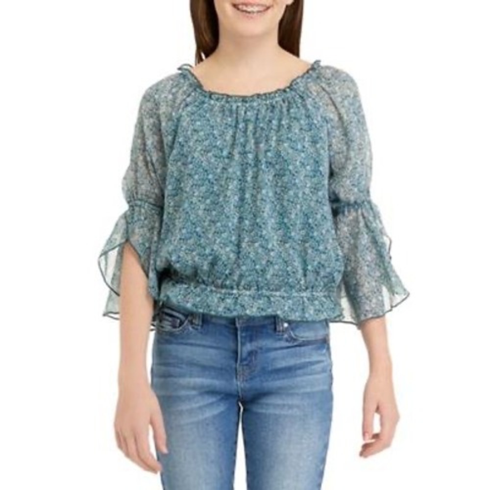 Beautees Big Girls Floral Printed 3/4 Elbow Sleeve Blouse Top - Teal -‎ Size L